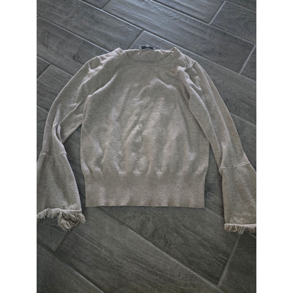 White + Warren Women Oatmeal Beige‎ Bell Sleeve Fringe Crew Neck Sweater Medium